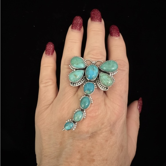 Genuine Kingman Turquoise and Sterling Silver Dragonfly statement ring - Picture 3 of 7